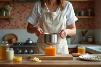 Femme versant du savon fondu dans un moule en silicone sur un plan de travail en bois, technique de refonte artisanale de savon fait maison