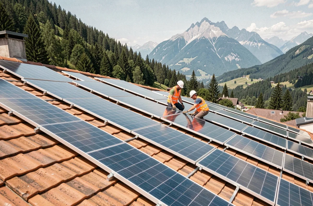 Deux installateurs Frexolaire alignant des panneaux solaires sur un toit dans la région d'Annecy en Haute-Savoie