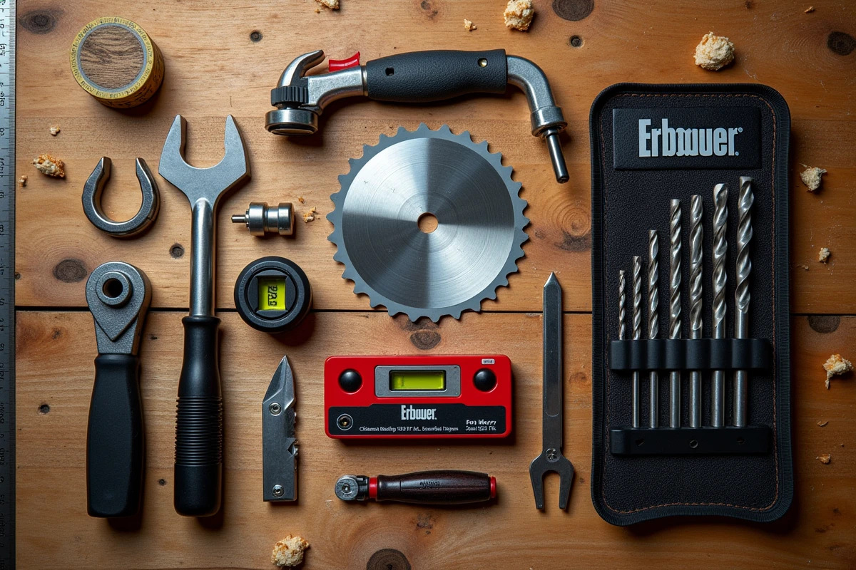 Vue aérienne d'une gamme d'outils et d'accessoires Erbauer disposés sur un établi en bois, présentation des caractéristiques qualitatives des produits