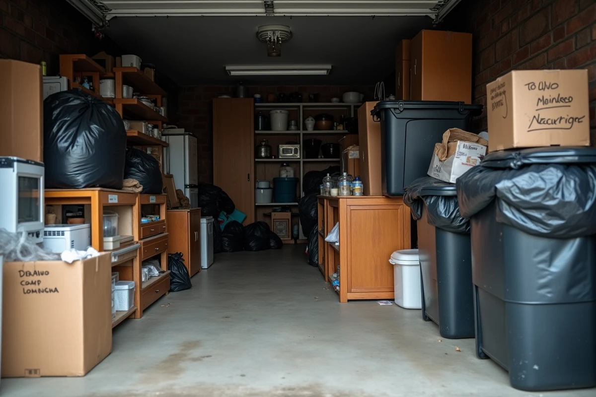 Garage en cours de débarras avec cartons, meubles et objets triés pour une évacuation gratuite