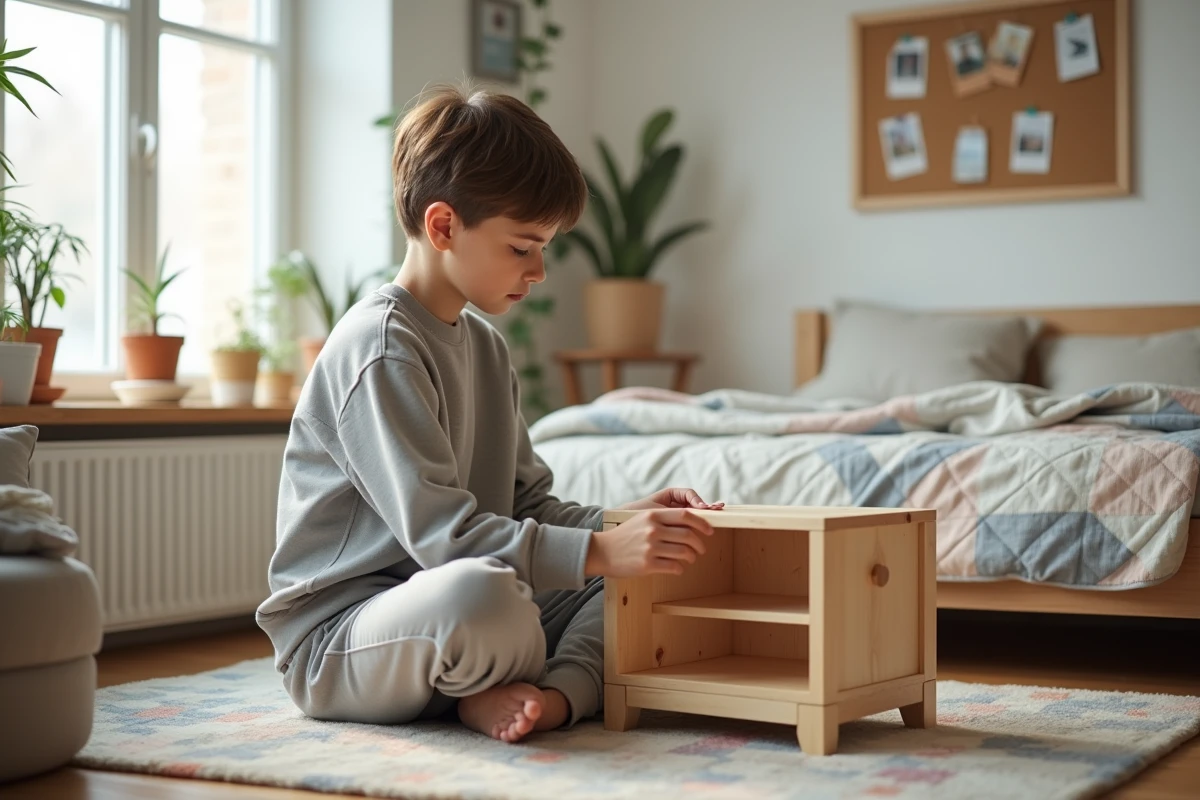 Adolescent assemblant une table de nuit dans sa chambre