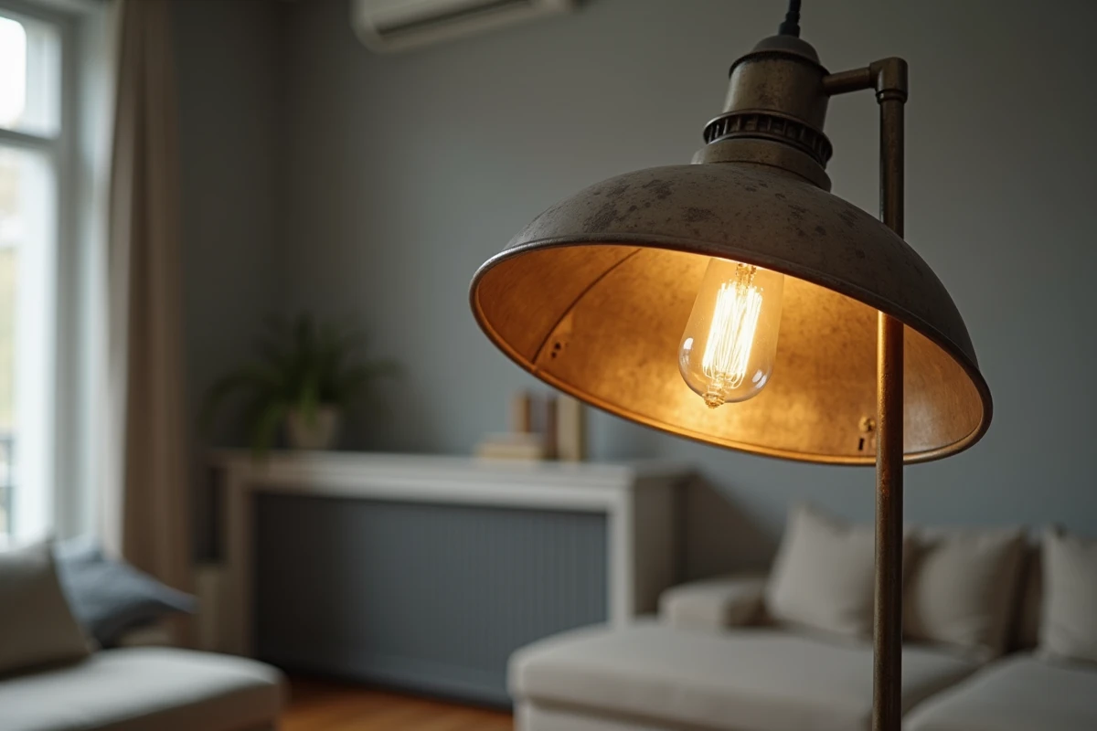 Gros plan sur l'ampoule halogène et le réflecteur d'une lampe sur pied montrant les détails techniques et la patine du métal