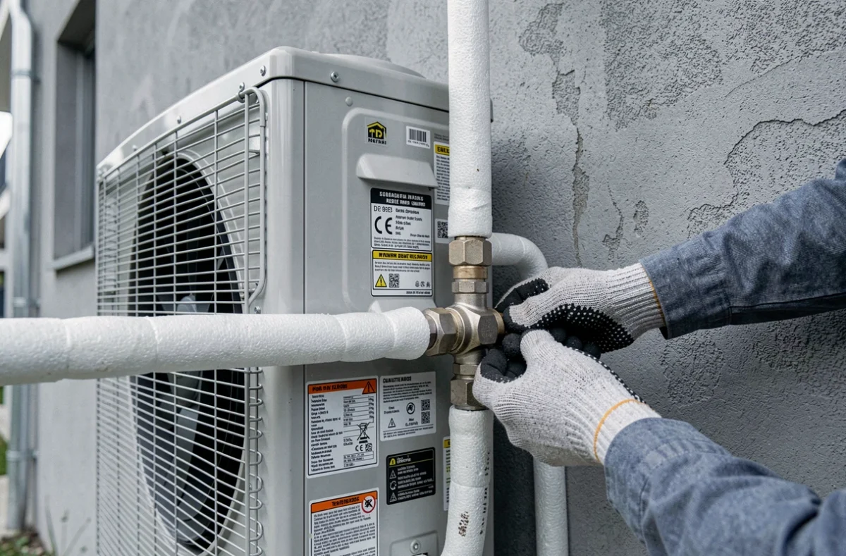 Gros plan sur les composants d'une pompe à chaleur extérieure lors d'une vérification technique annuelle