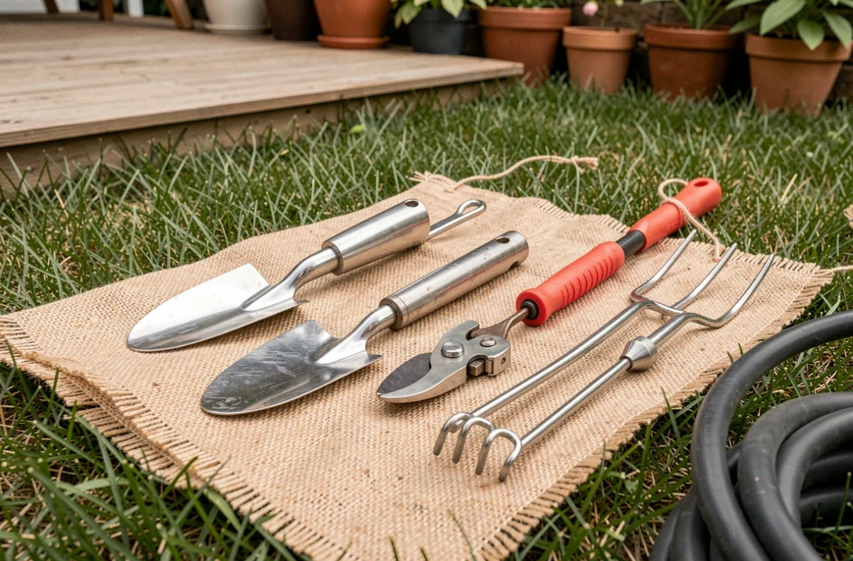 Vue rapprochée d'outils de jardinage professionnels disposés sur une toile de jute dans un jardin extérieur soigné