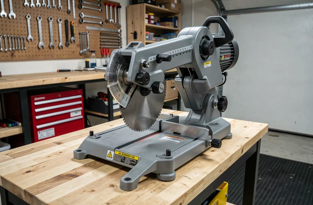 Gros plan sur une scie radiale moderne posée sur un établi dans un atelier de bricolage