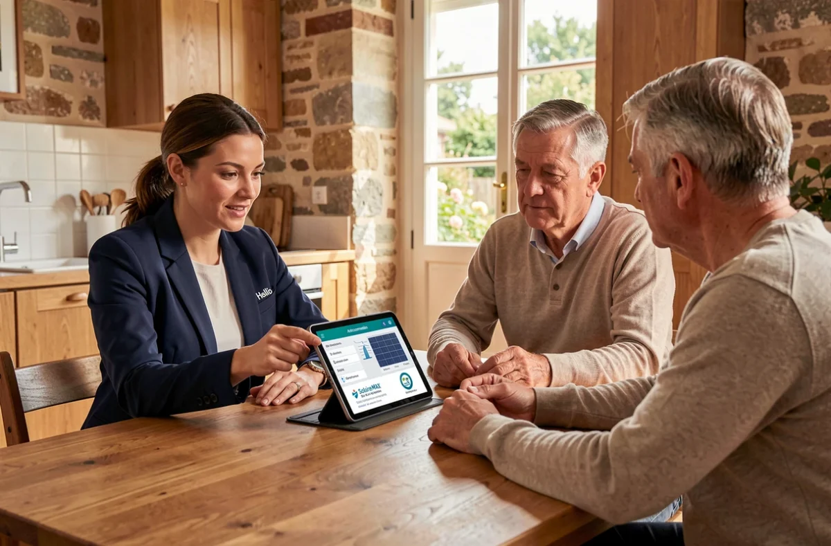 Conseillère Hellio présentant l'offre SolaireMAX et l'autoconsommation solaire à un couple dans une maison française