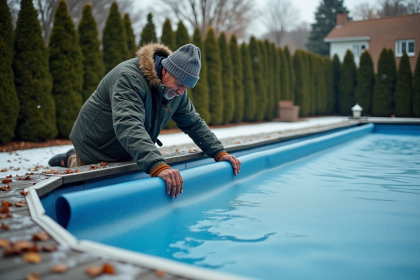 Homme en hiver couvre une piscine hors sol dans un jardin