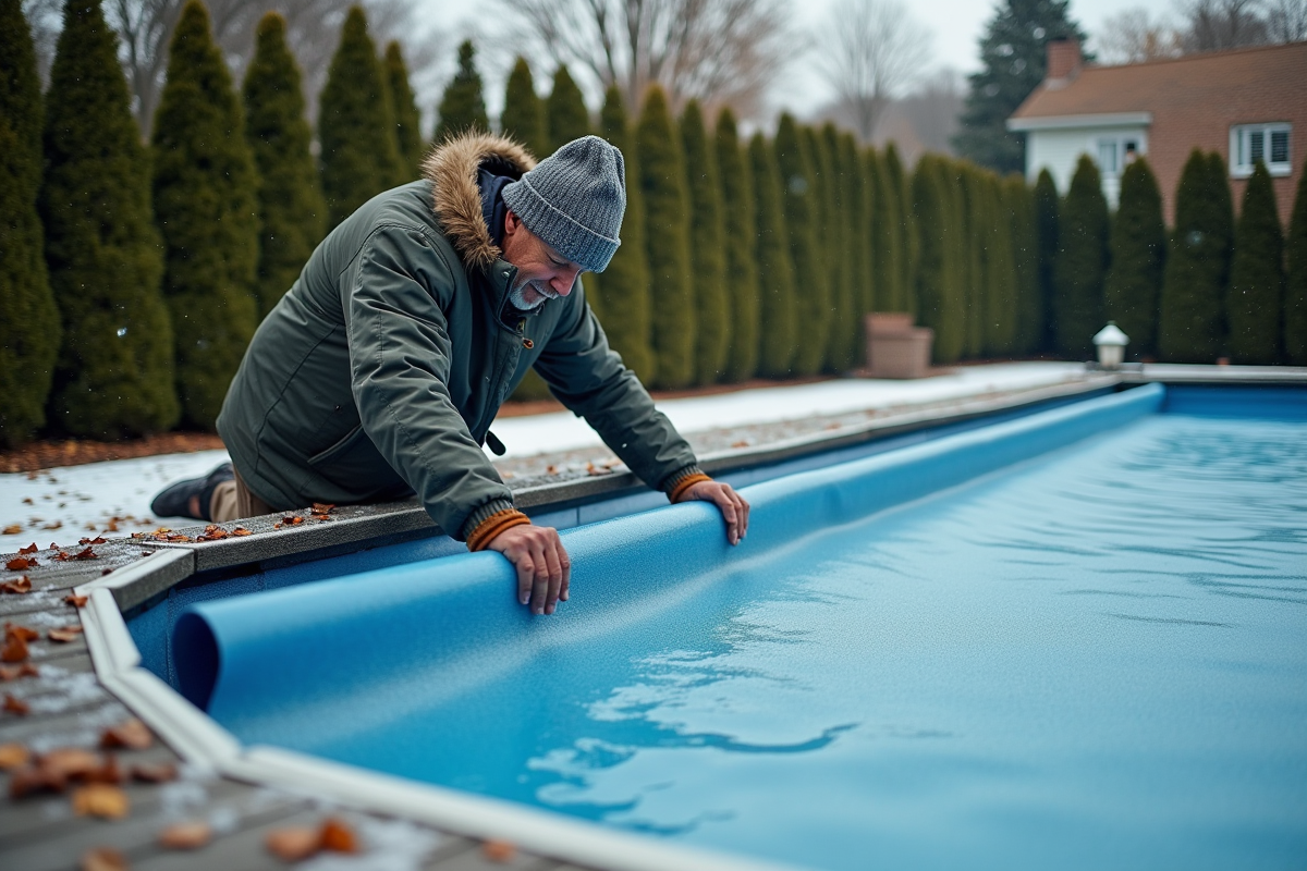 Homme en hiver couvre une piscine hors sol dans un jardin