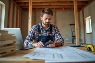 Homme en travaux utilisant une calculatrice et panneaux d'isolation