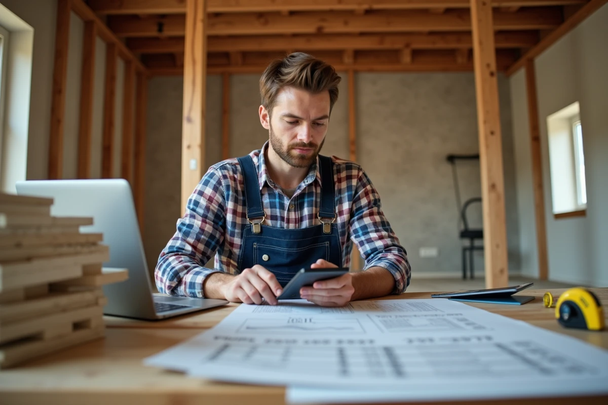 Homme en travaux utilisant une calculatrice et panneaux d'isolation
