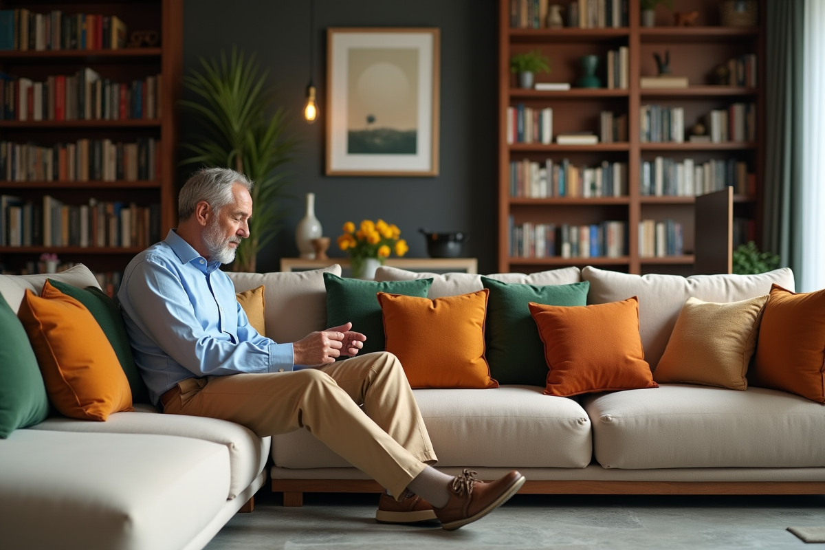 Homme arrangeant des coussins colorés dans un salon moderne