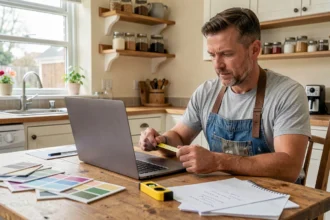 Homme consultant un site de coaching travaux en ligne depuis sa cuisine, entouré d'outils et de plans de rénovation