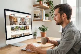 Homme consultant le site agorenovation.fr sur un ordinateur de bureau dans un appartement moderne