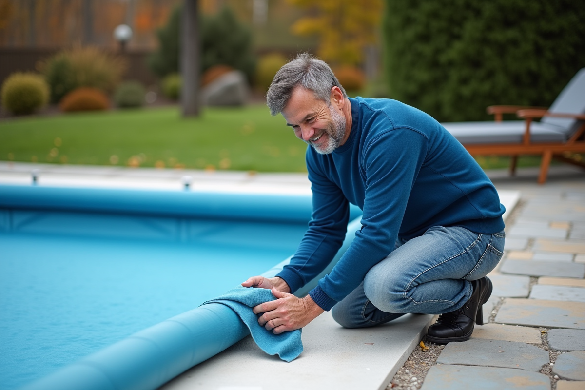 Homme d'âge moyen posant la couverture d'hiver sur la piscine