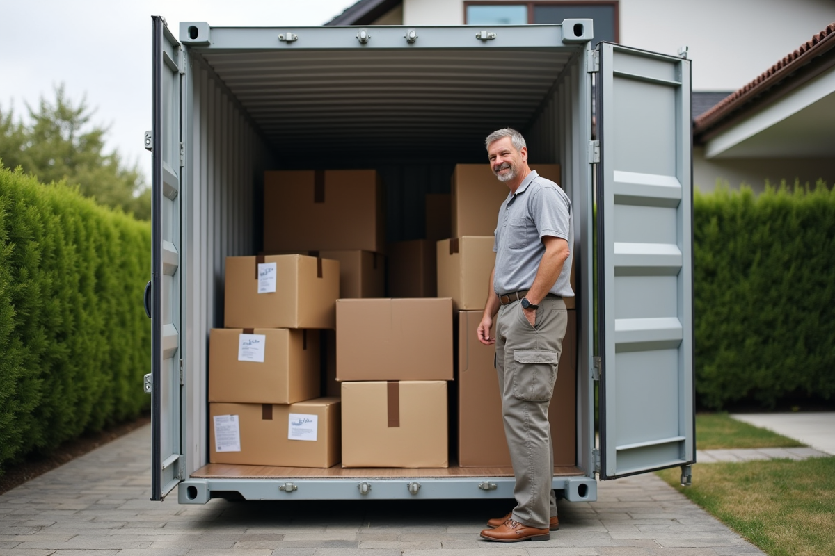 Homme en tenue casual à côté d'un conteneur rempli de meubles