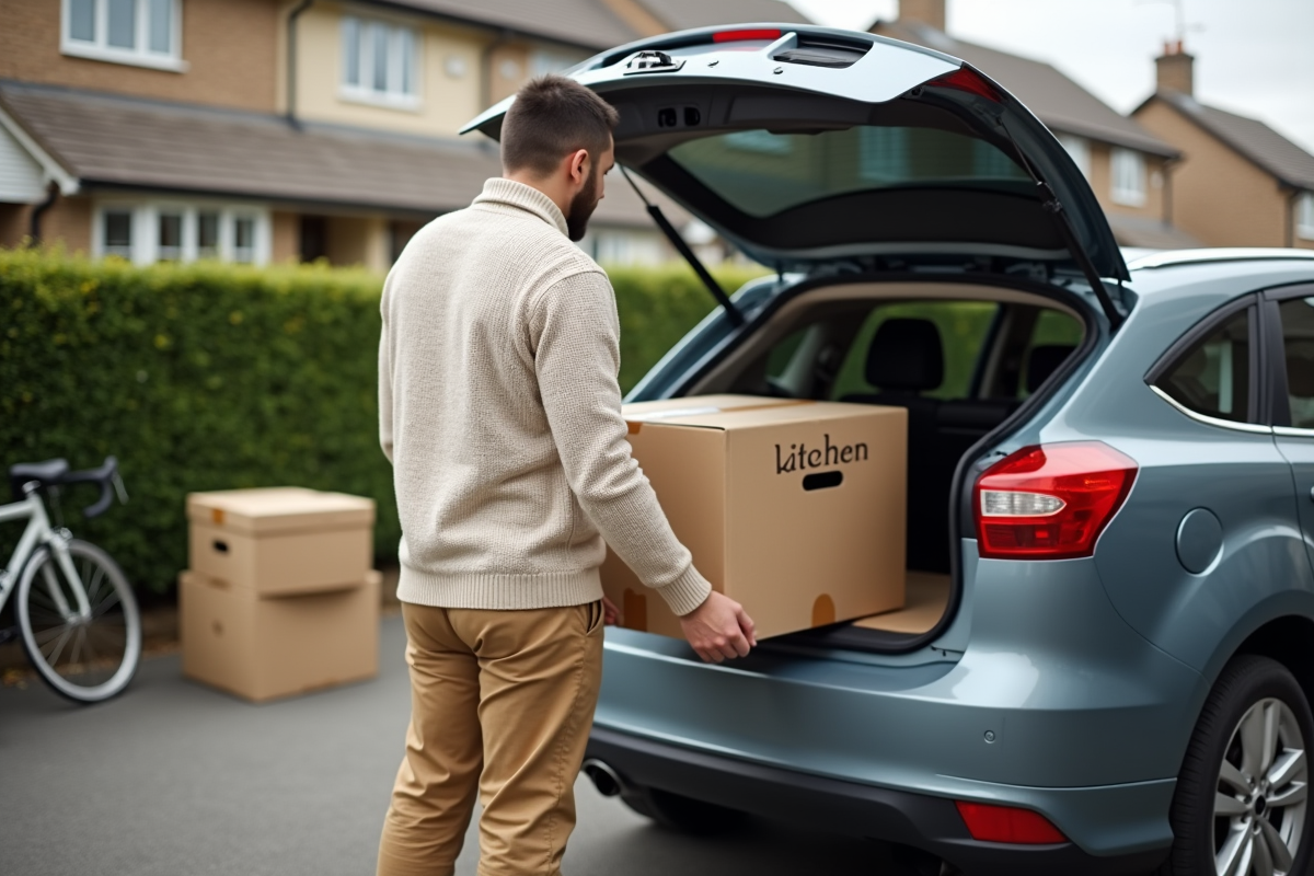 Jeune homme portant une boîte dans une rue devant une voiture en déménagement