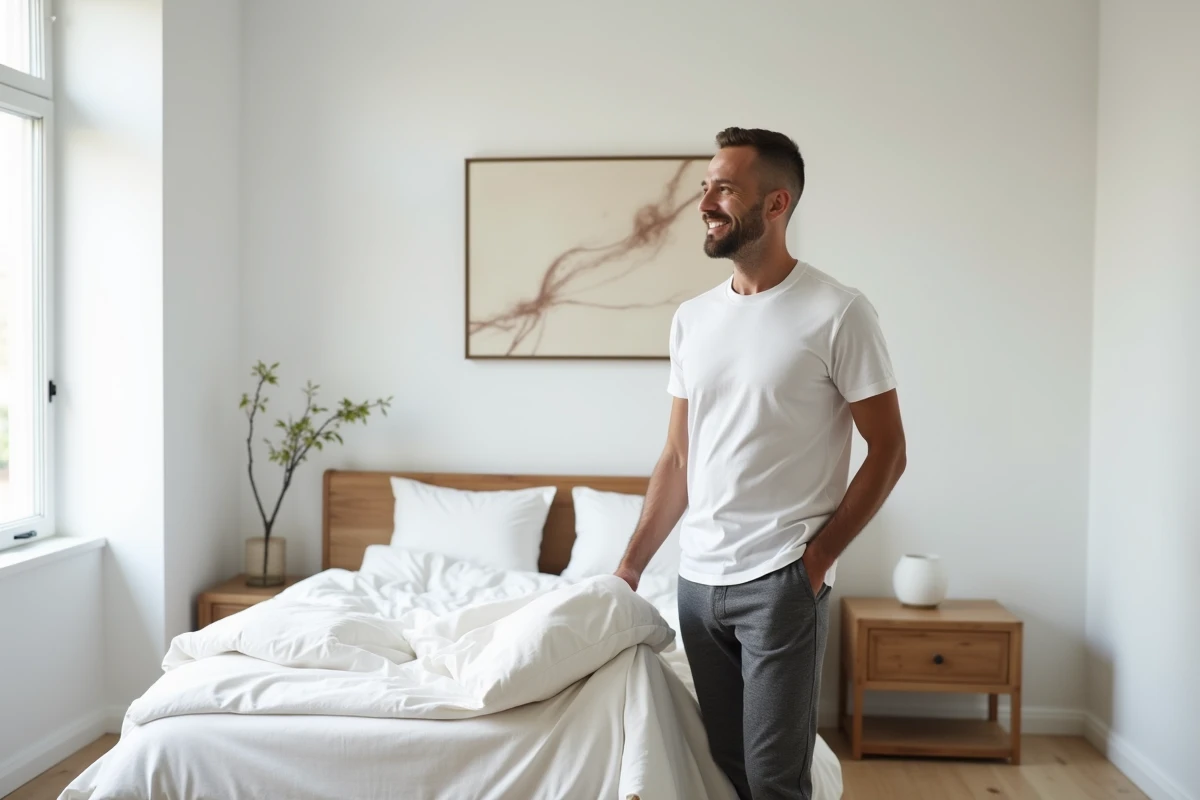 Homme en blanc arrangeant la literie dans une chambre moderne