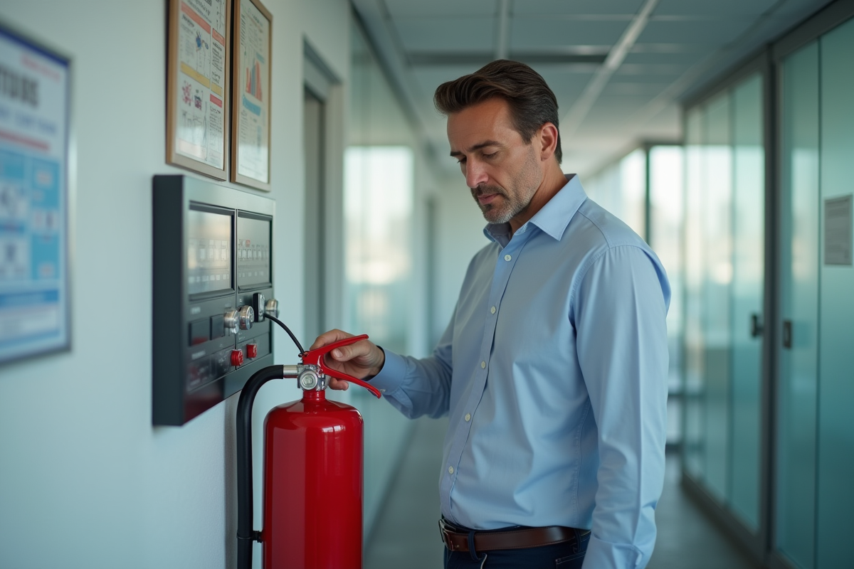 Homme d'âge moyen utilisant un extincteur rouge dans un bureau