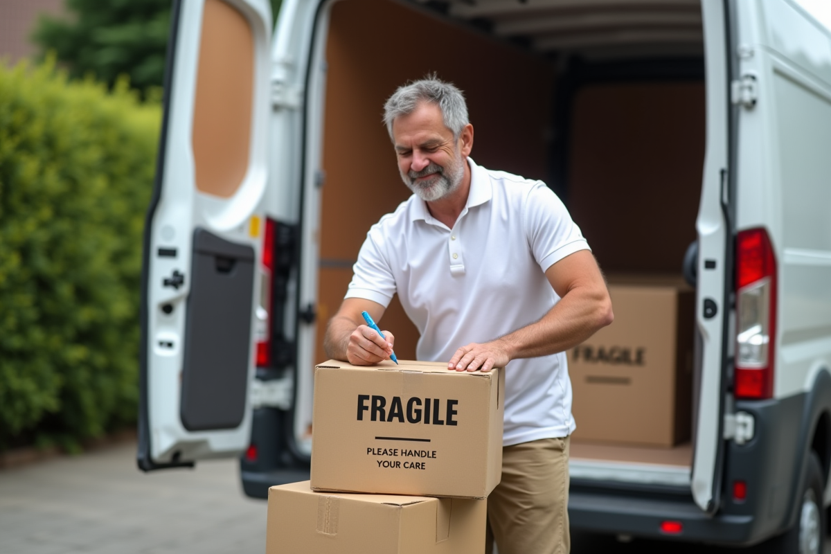 Homme écrivant fragile sur une boîte devant un van