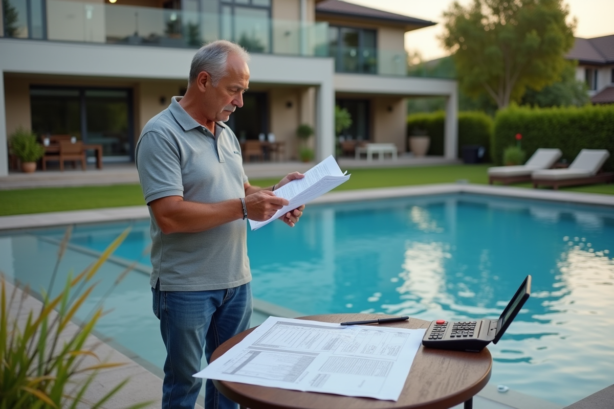 Homme d'âge moyen étudie permis piscine extérieure