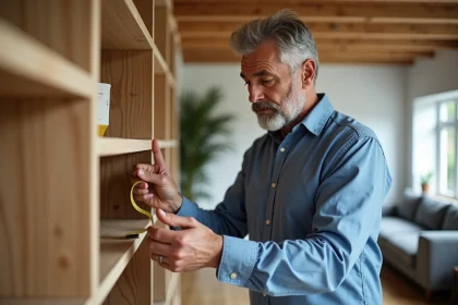 Homme d'âge moyen examine une étagère en bois dans un salon lumineux