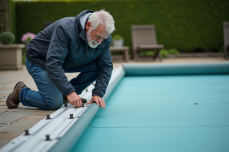 Homme attachant la couverture d'une piscine extérieure