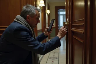 Homme inquiet examinant la serrure devant une porte parisienne