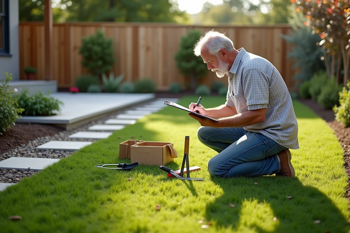 Homme esquisse un plan de paysage dans son jardin