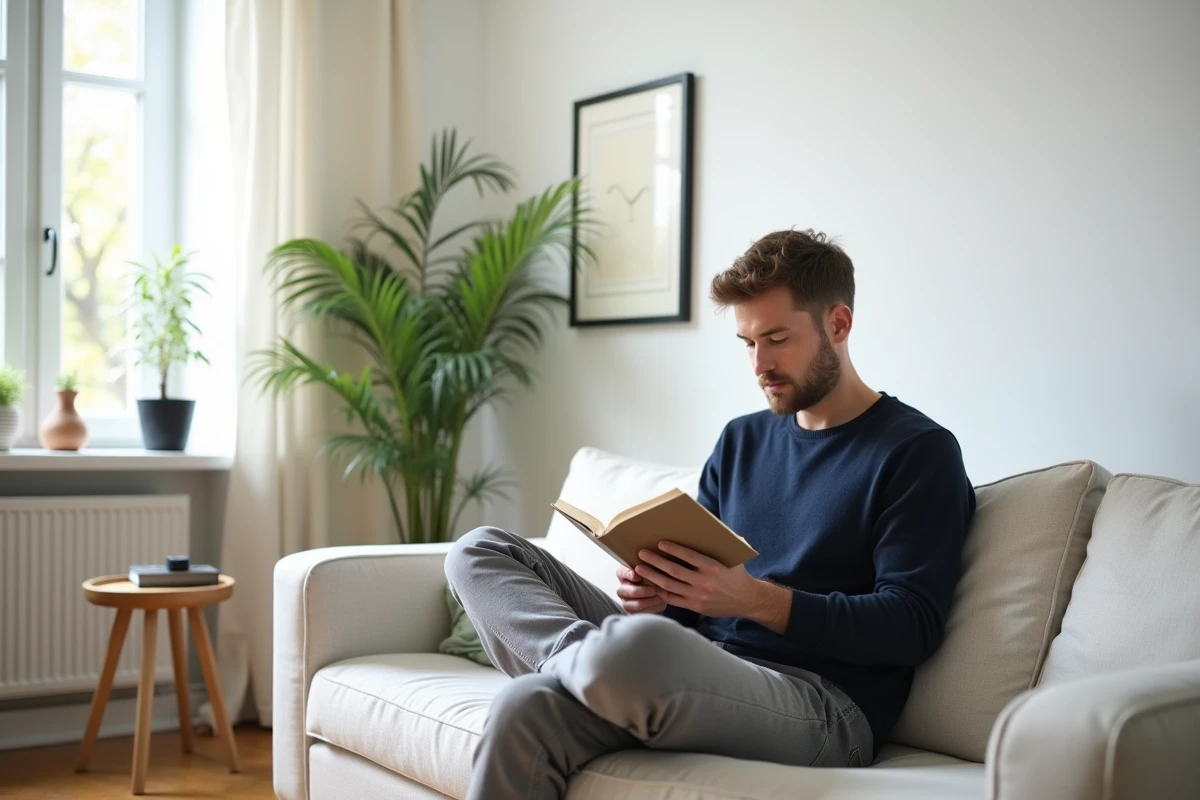 Jeune homme lisant dans un salon scandinave avec papier peint blanc