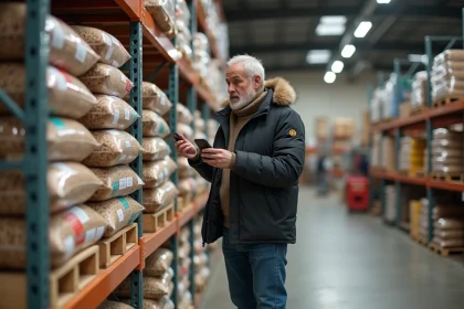 Homme en magasin vérifiant sacs de pellets de bois