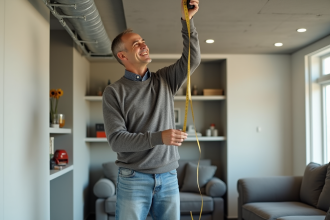 Homme mesurant la hauteur du plafond d'un sous-sol rénové