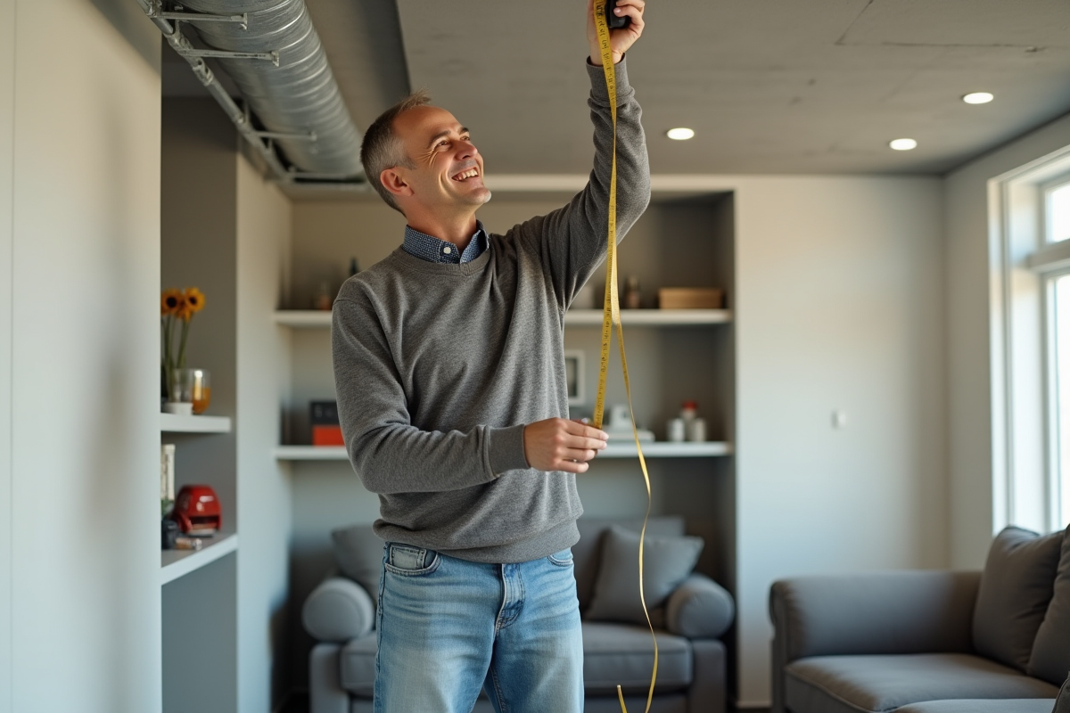 Homme mesurant la hauteur du plafond d'un sous-sol rénové