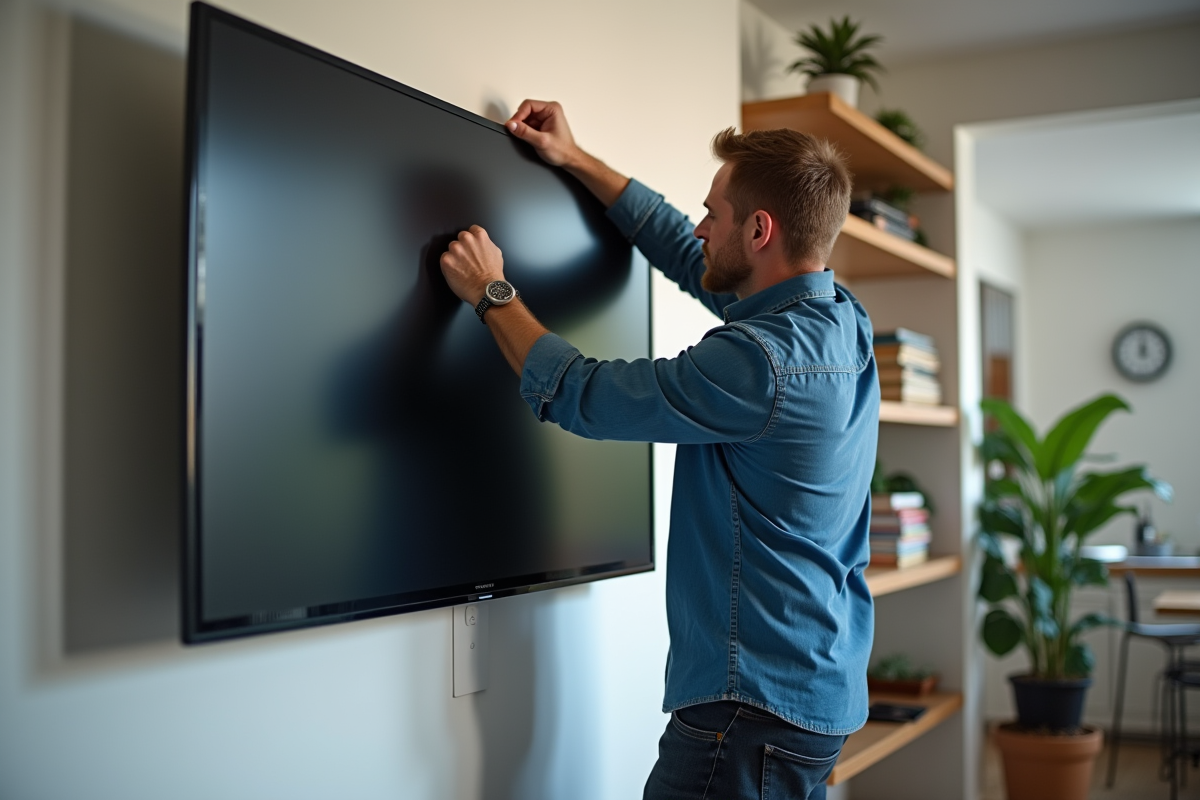 Homme en casual ajustant un support TV dans un salon moderne
