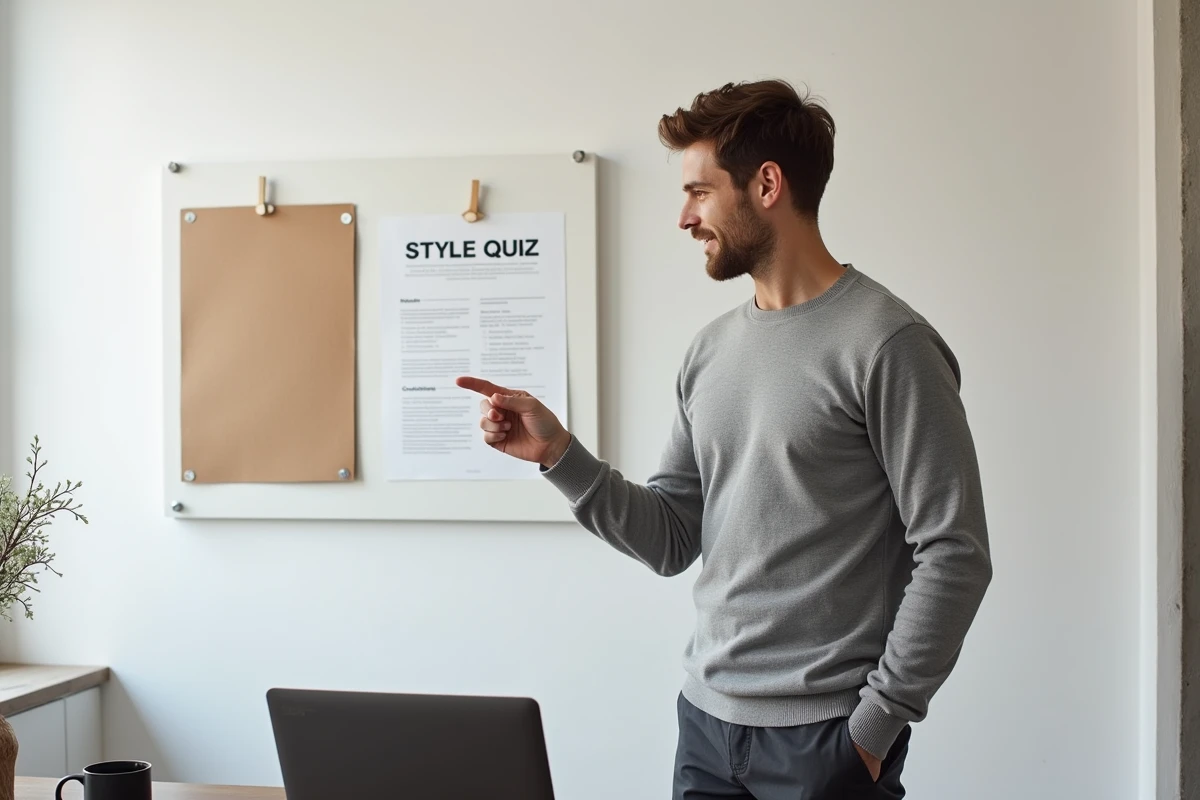 Homme devant un moodboard décoratif dans un bureau scandinave minimaliste, tenant les résultats d'un test de style intérieur