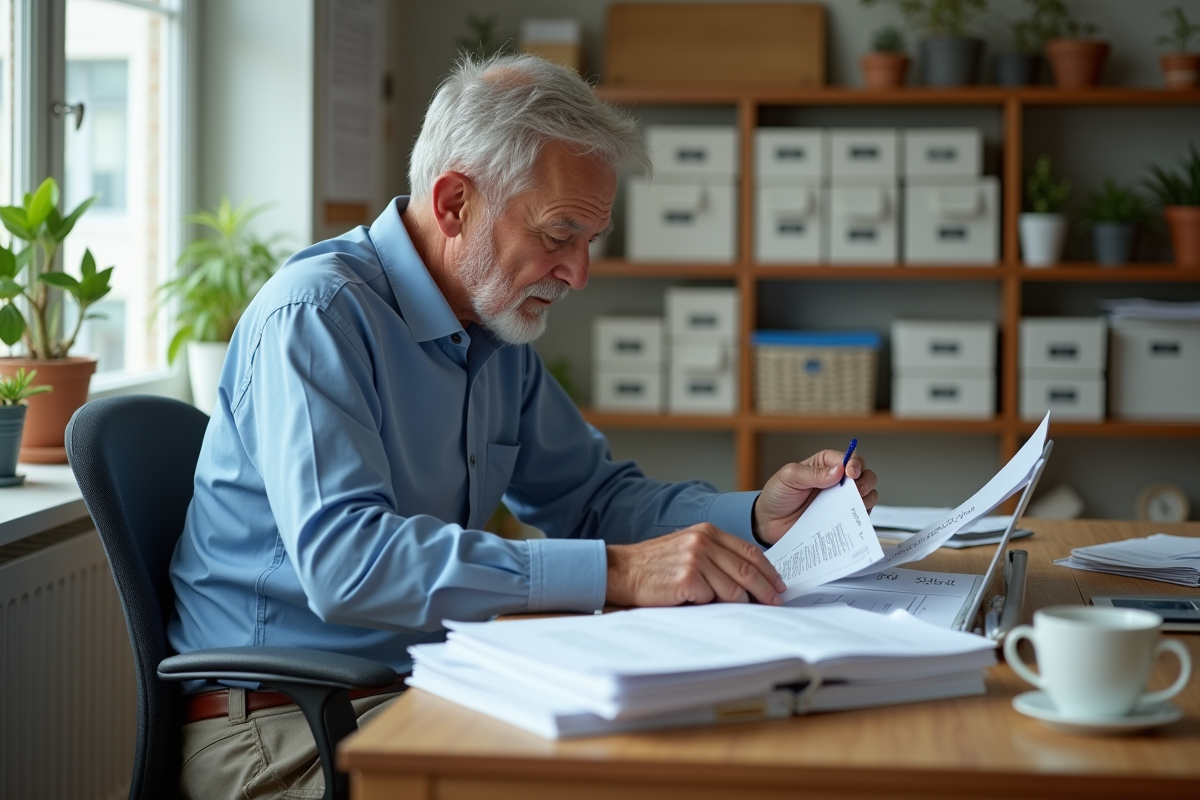 Homme âgé organisant des papiers dans un bureau lumineux