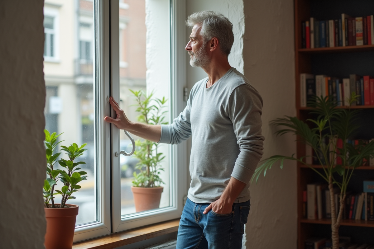 Homme d'âge moyen ouvrant une fenêtre blanche dans le salon