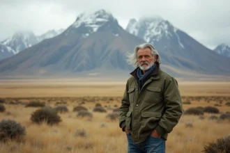Homme aux cheveux argentés en veste canvas devant les sommets granitiques de Patagonie, incarnant un art de vivre simple et sauvage