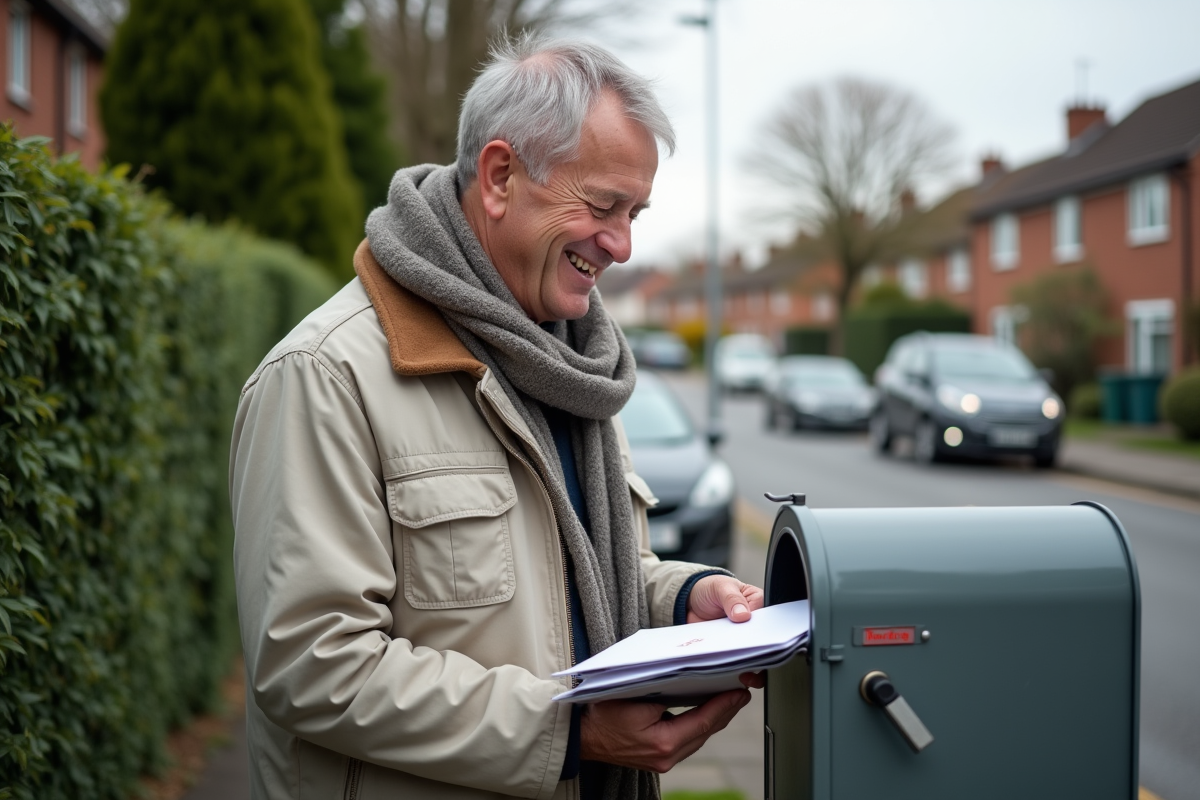 Homme déposant du courrier dans une boîte aux lettres dans un quartier résidentiel