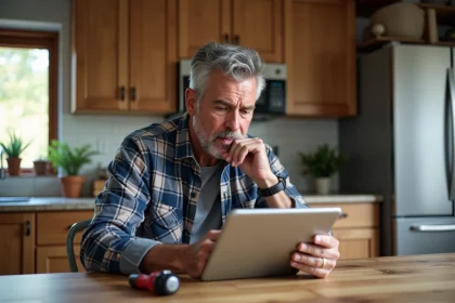 Homme d'âge moyen regarde un profil de bricoleur sur une tablette