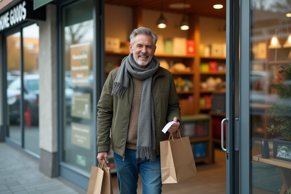 Homme souriant sortant du magasin avec sac et reçu