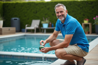 Homme d'âge moyen testant l'eau de la piscine avec kit de chlore