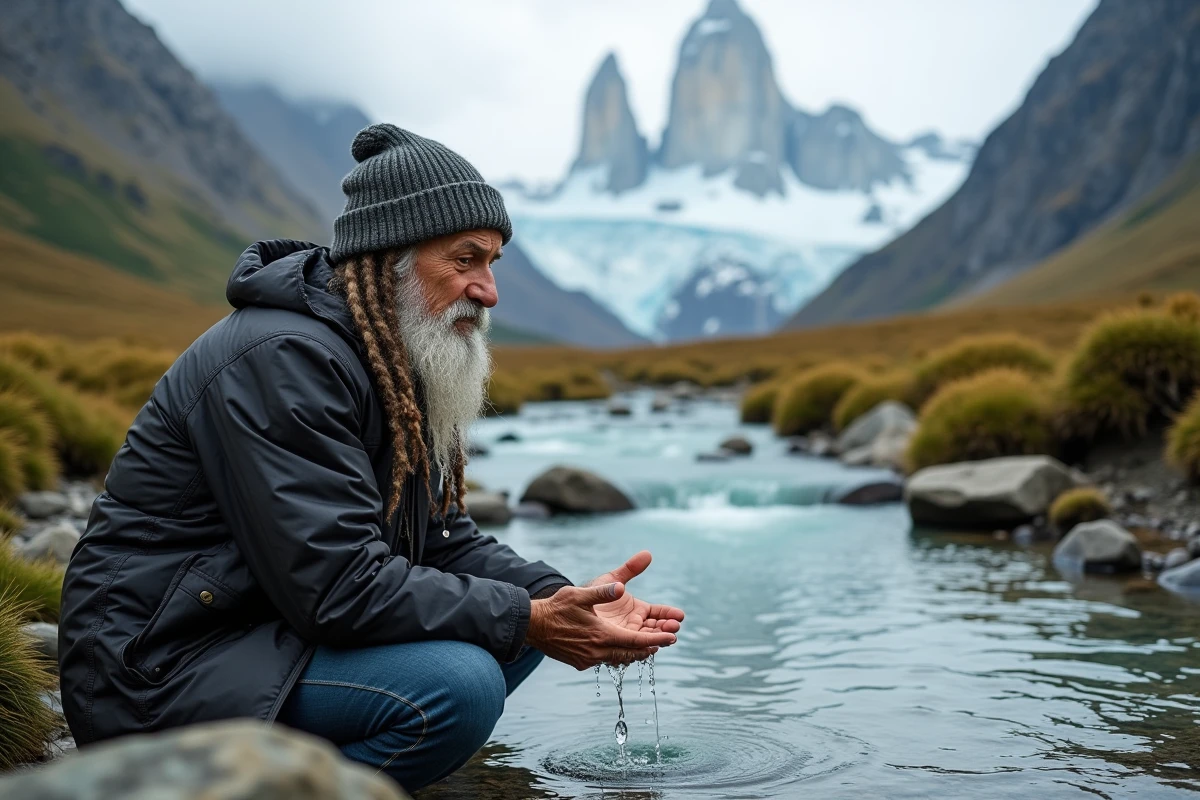 Homme aux dreadlocks argentés se recueillant au bord d'un torrent glaciaire en Patagonie, symbolisant la reconnexion à la nature et l'art de vivre authentique