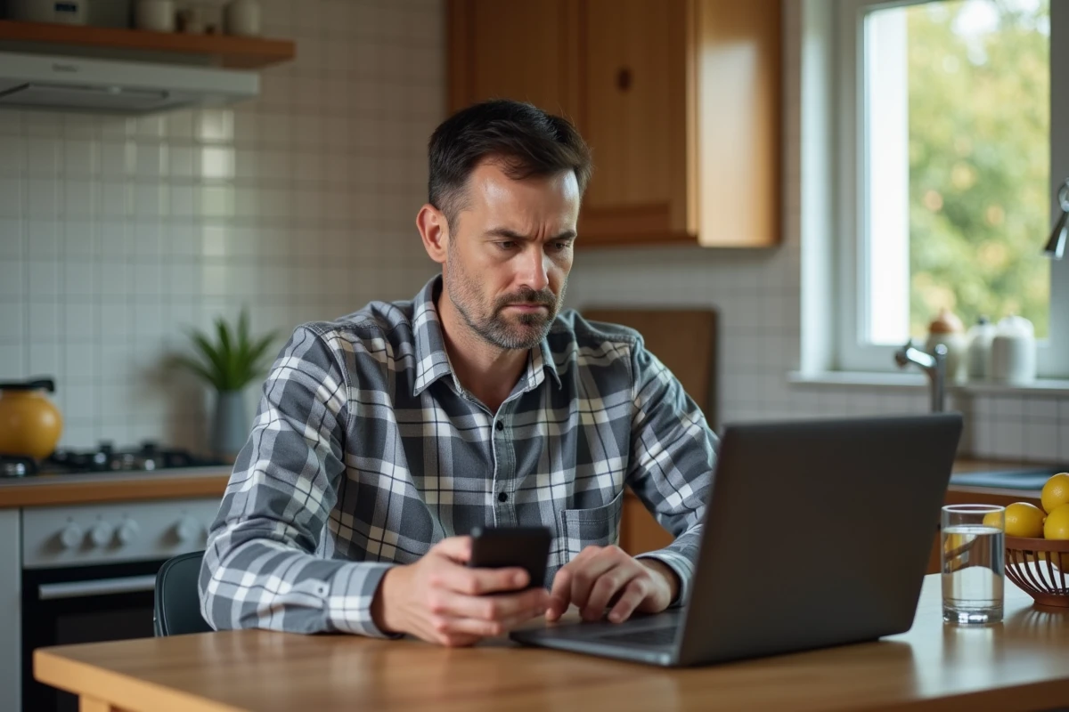 Homme en difficulté avec son ordinateur dans la cuisine