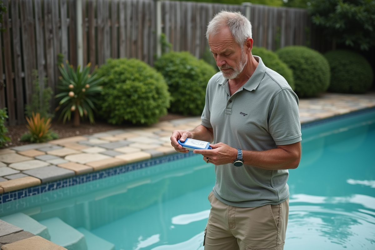 Homme d'âge moyen vérifiant l'eau de la piscine avec un kit de test