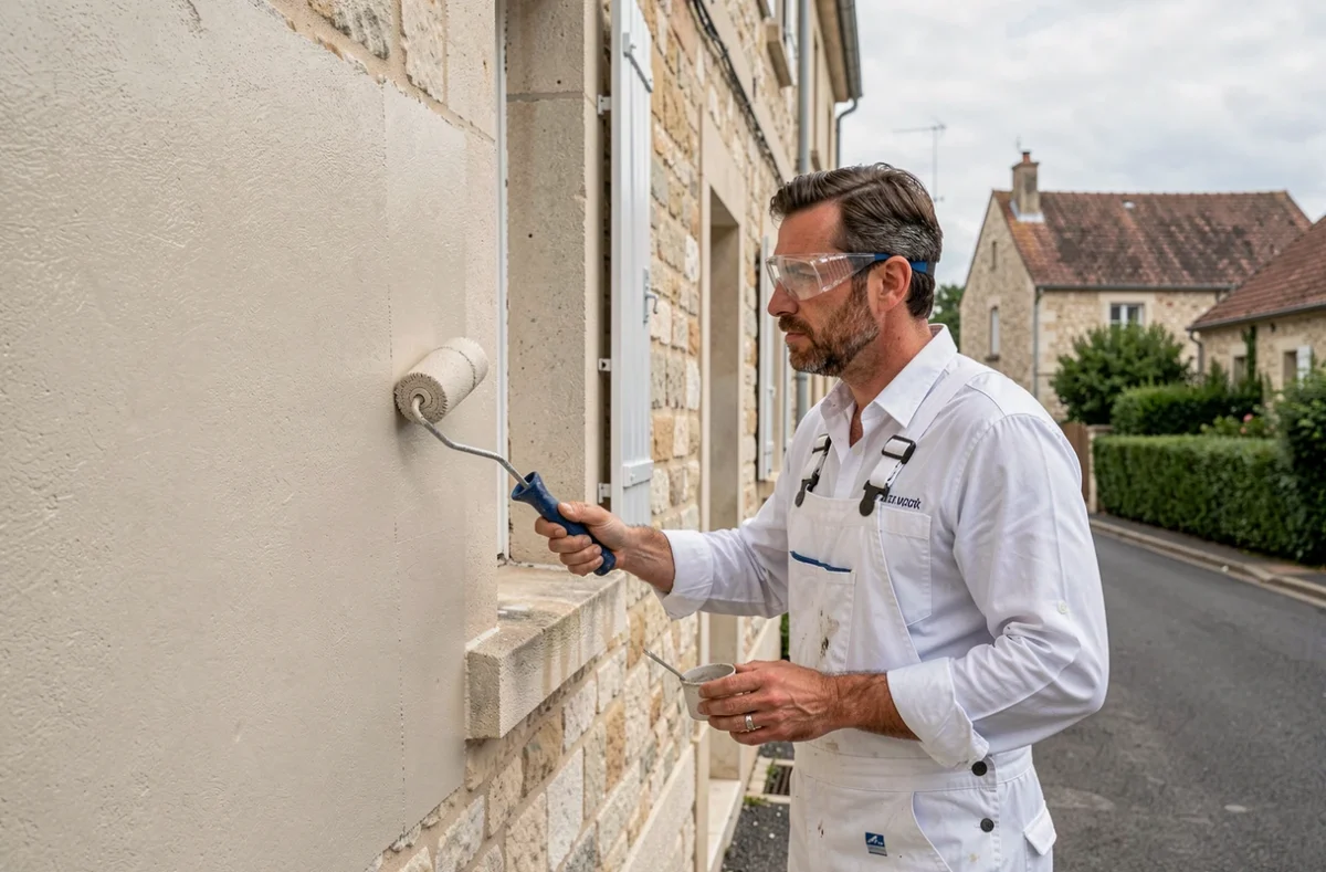 Peintre en bâtiment appliquant de la peinture sur une maison en pierre à Basse-Goulaine