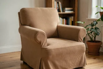 Housse extensible taupe bien ajustée sur un fauteuil classique dans un salon cosy avec bibliothèque en bois