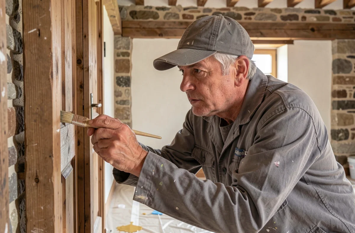 Artisan peintre réalisant des finitions intérieures dans une ferme en Maine-et-Loire