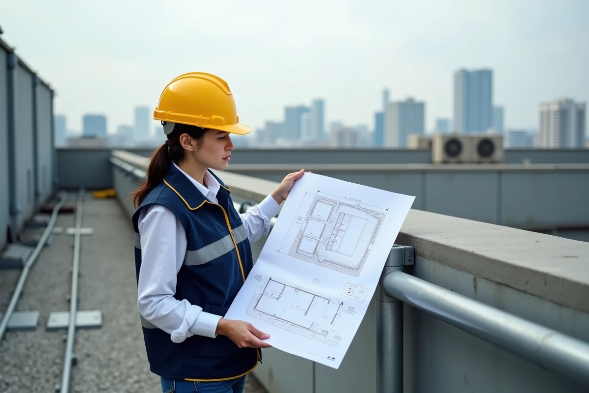 Ingénieure en bâtiment vérifiant un plan de garde-corps sur un chantier de toiture en comparaison avec la norme NF P01-012