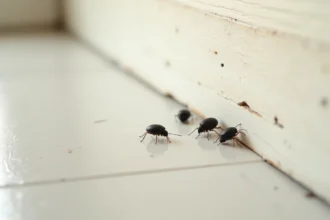 Gros plan macro sur de petits insectes noirs ronds sur une plinthe blanche à l'intérieur d'une maison