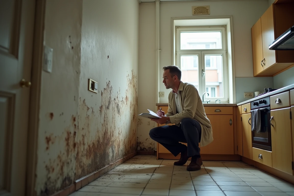 Propriétaire inspectant un mur infesté de champignons dans la cuisine